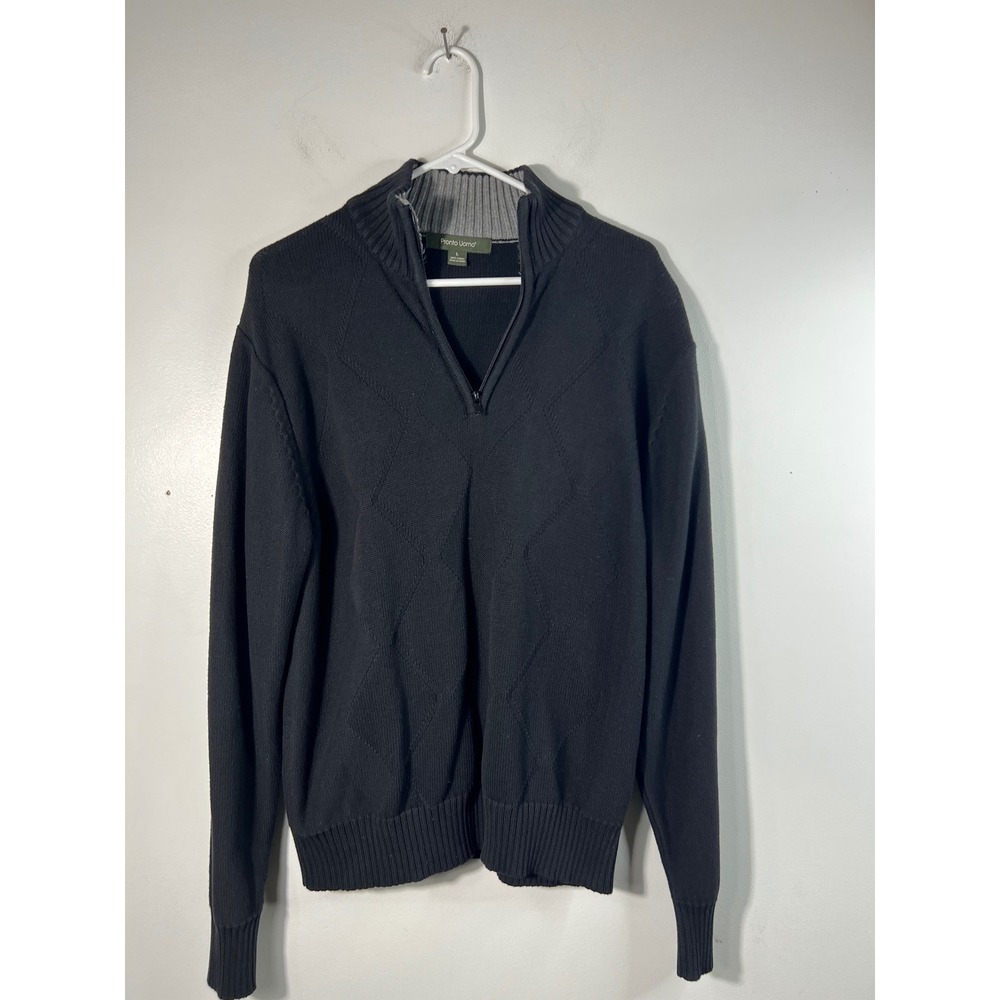 Pronto Uomo Mens Large Black Argyle‎ Knit Sweater 1/4 Zip Cotton